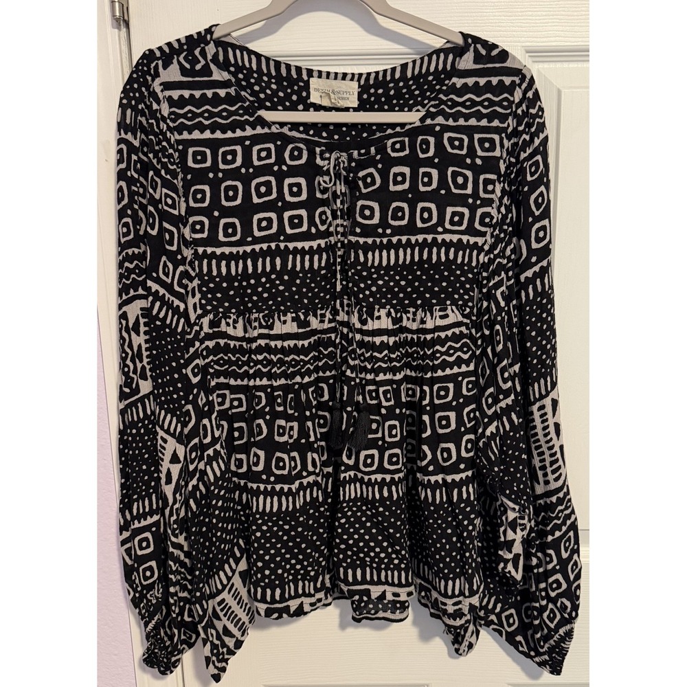 Denim & Supply Ralph Lauren Peasant Top Black Boho Aztec Dolman Boxy Tassel XL